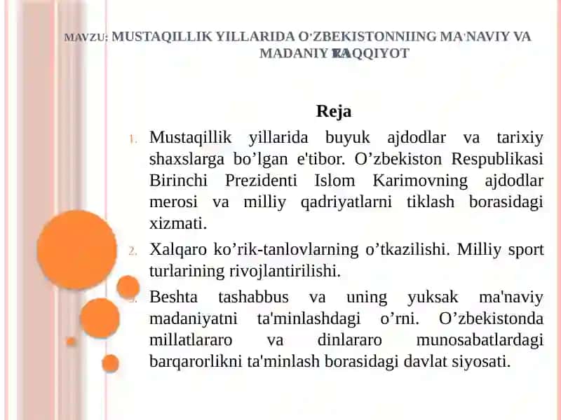 MUSTAQILLIK YILLARIDA O’ZBEKISTONNIINGMA'NAVIY VA MADANIYTARAQQIYOTi 2