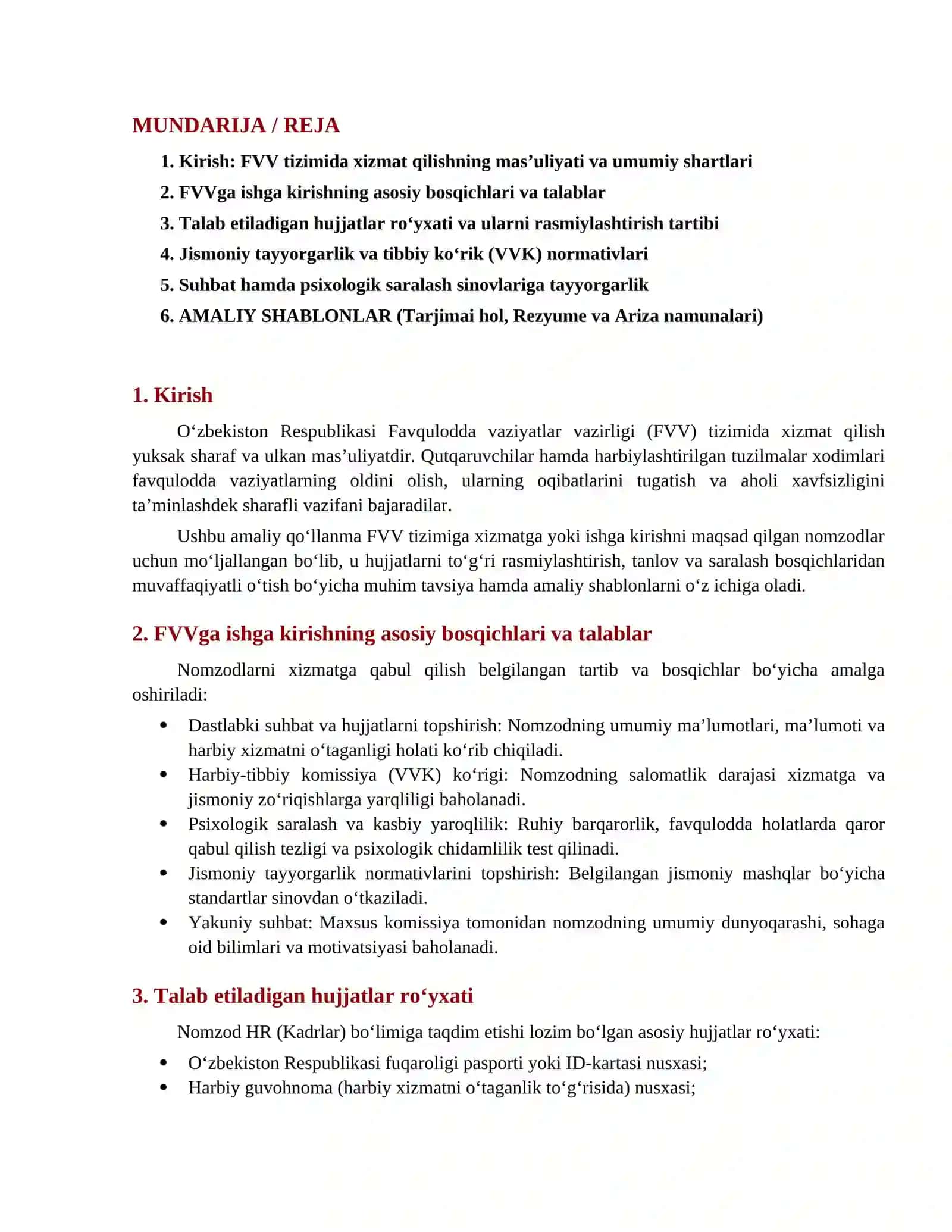 Favqulodda vaziyatlar vazirligi tizimiga ishga kiruvchilar uchun amaliy qo‘llanma va shablonlar to'plami 2