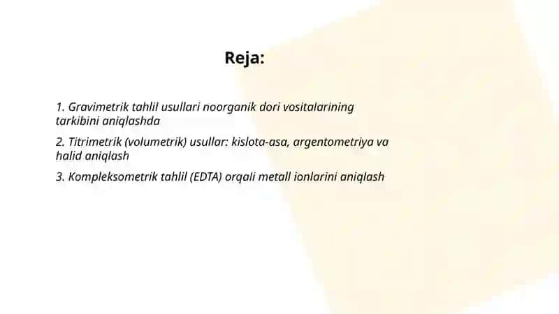 Noorganik dori vositalarining sifatini nazorat qilishdagi fizik-kimyoviy tahlil usullari 2