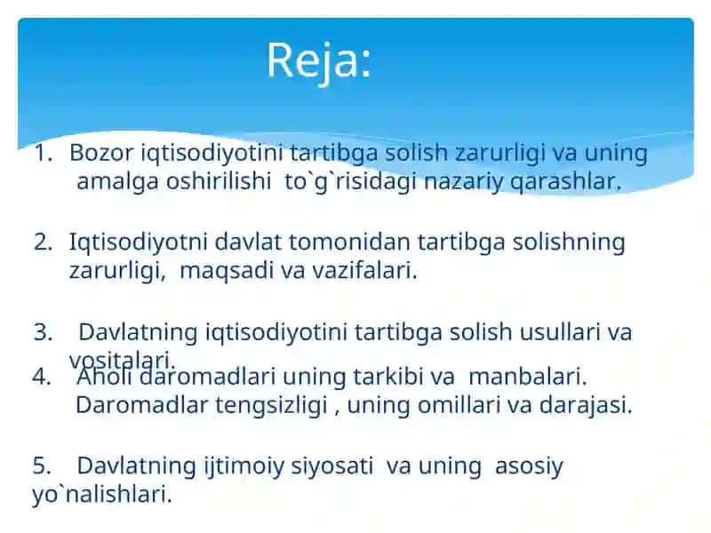 Bozor iqtisodiyotini tartibga solishda davlatning iqtisodiy roli. Aholi  daromadlari va davlatning  ijtimoiy  siyosati 2