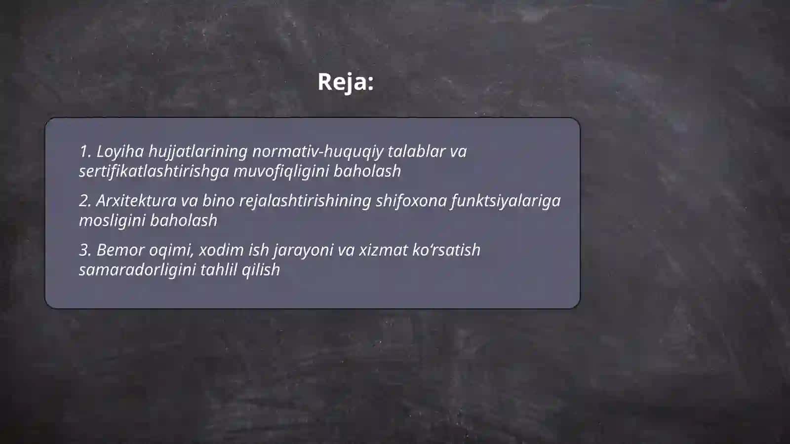 Ixtisoslashtirilgan davolash-profilaktika muassasalarining loyiha materiallari bo‘yicha baholash 2