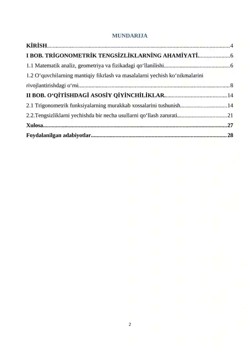 TRIGOMETRIK TENGSIZLIKLARNI O’QITISH METODIKASI 2