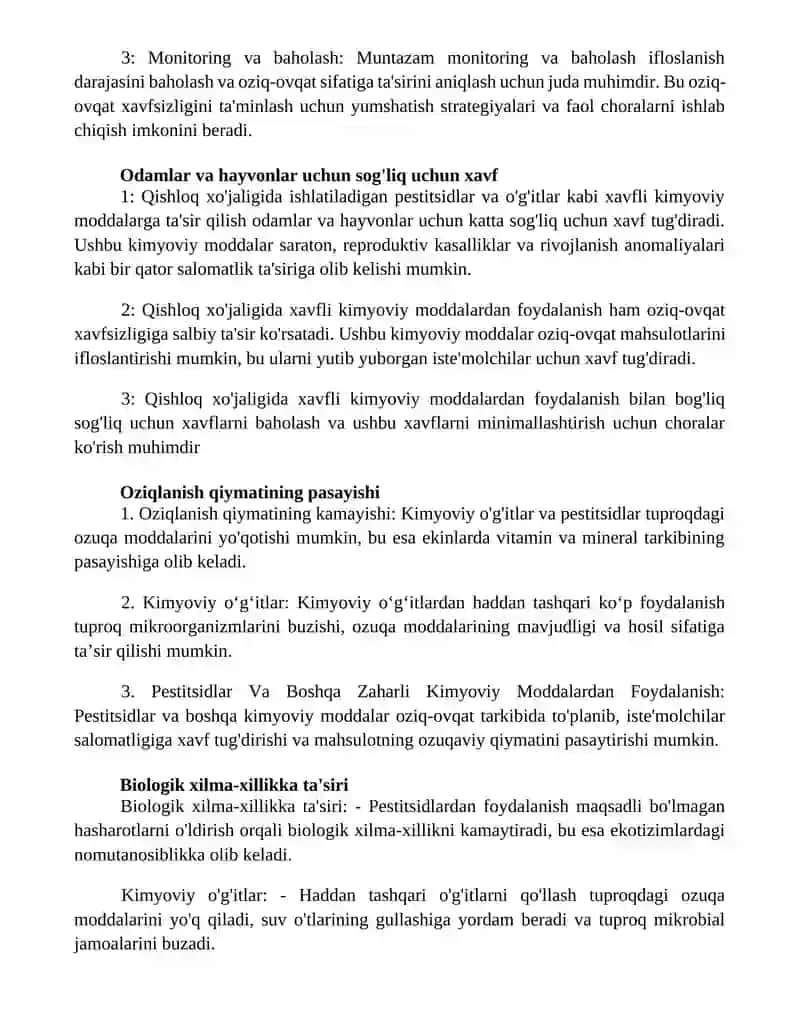 Kimyoviy O’G’Itlar, Pestitsidlar Va Boshqa Zaharli Kimyoviy Moddalardan Foydalanish Orqali Qishloq Xo’Jaligining Turli Sohalarida Оziq-Оvqat Mahsulotlari Xom Ashyolari Sifatiga Ta’Siri Va Uni Baholash 2