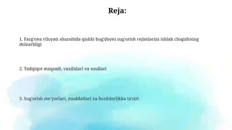Optimallashtirilgan sug'orish rejimlarini ishlab chiqish 2