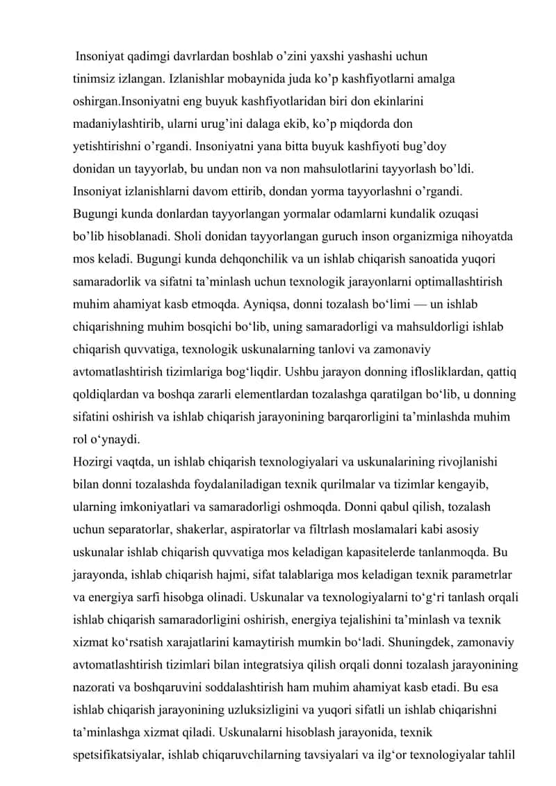 Quvvati sutkasiga 70 tonna un tortishga ega boʻlgan tegirmon uchun   donni tozalash boʻlimi uchun zarur uskunalarni hisoblash 2