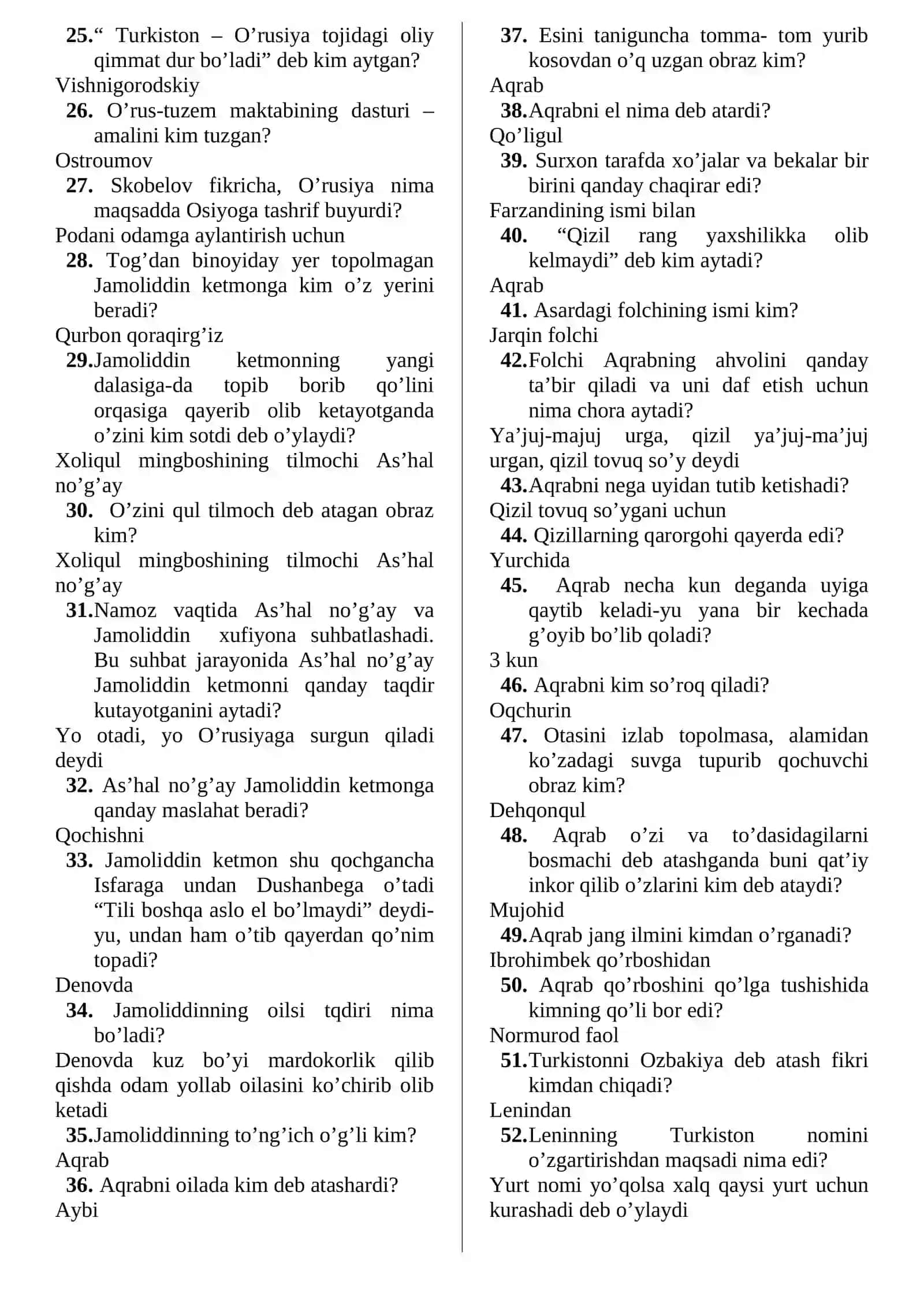 TOG‘AY MURODNING “Otamdan qolgan dalalar ” asari bo‘yicha savol-javoblar to’plami 2