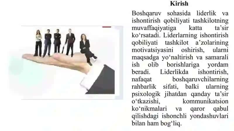 Boshqaruv sohasida liderlarda ishontirish qobilyatining namoyon bo’lishi 2