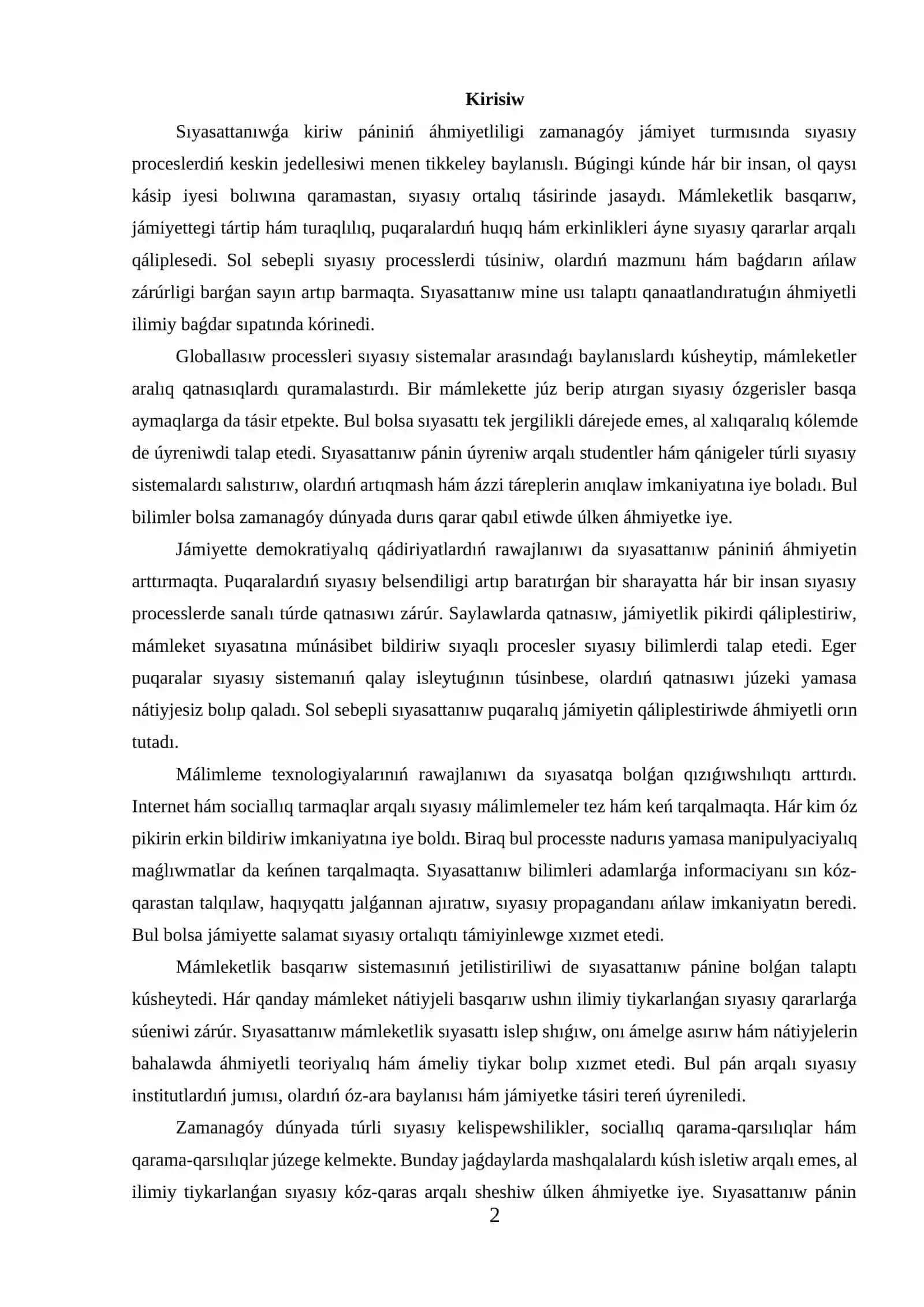 Sıyasattanıwǵa kiriw pániniń obyekti, maqseti hám wazıypaları 2