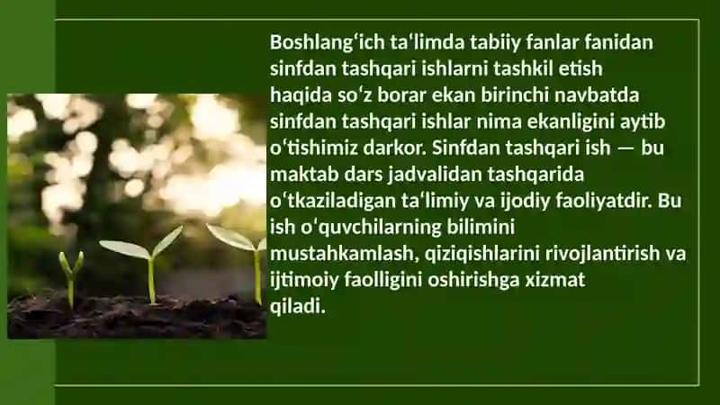 Boshlangʻich taʼlim tabiiy fanlaridan sinfdan tashqari ishlarni tashkil etish 2
