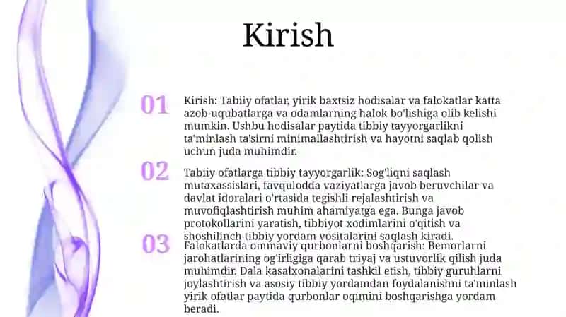 Tabiiy Ofatlar,Katta Falokatlar Va Talofatlarda Tibbiy Jihatdan Taminlanishini Taklif Etish 2
