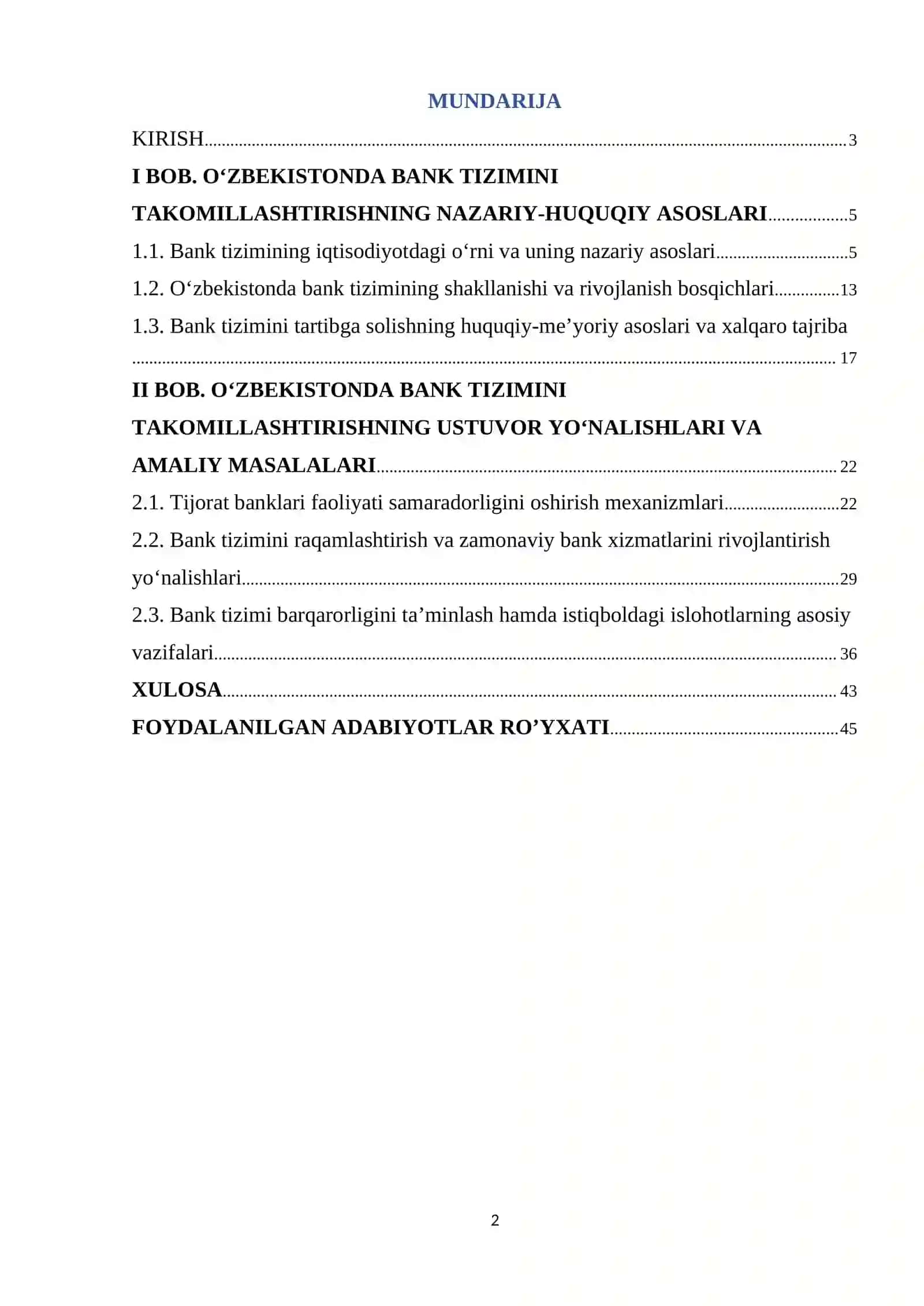 O’zbekistonda bank tizimini takomillashtirish vazifalari va asosiy yo'nalishlari 2