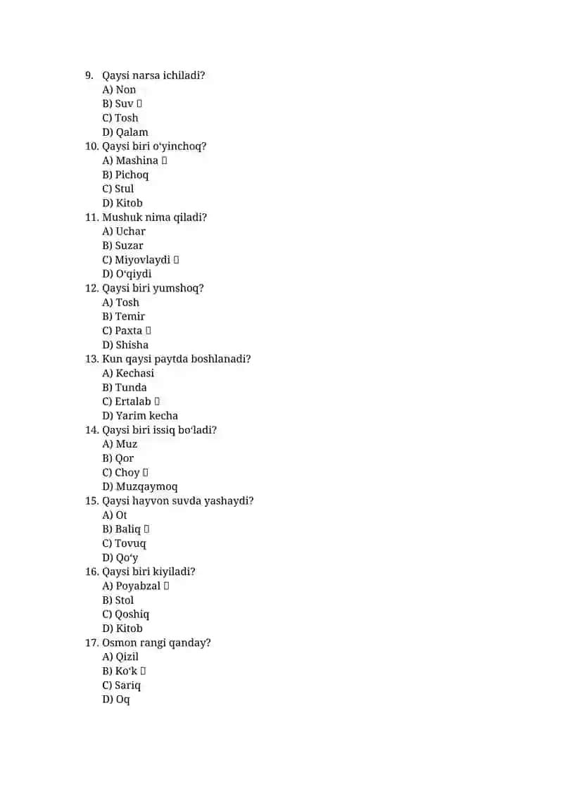 Bog‘cha va boshlang‘ich sinf bolalari uchun maxsus tayyorlangan 100 ta yengil IQ savol. 2