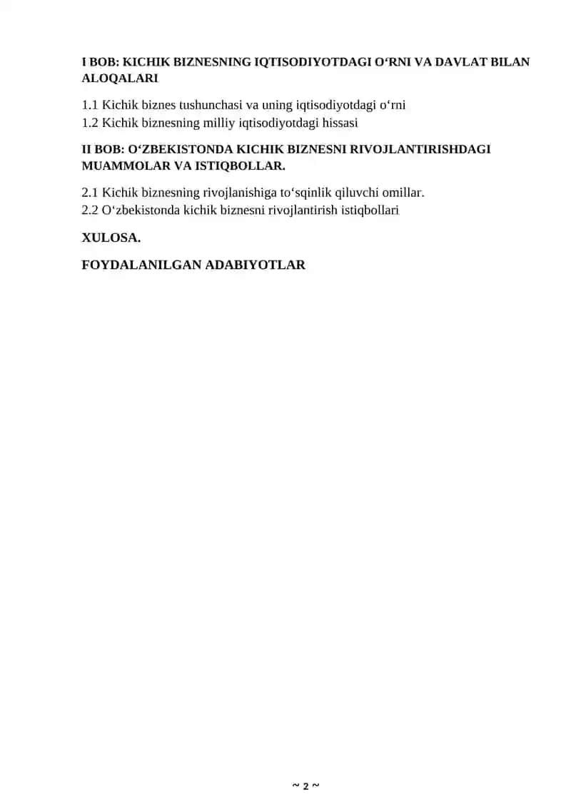 Kichik biznes va xususiy tadbirkorlikning rivojlanishini davlat tomonidan qo'llab-quvvatlash siyosatining yo'nalishlari 2