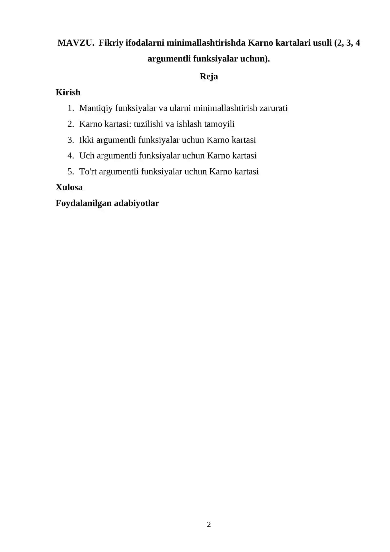 Mantiqiy funksiyalar va ularni minimallashtirish zarurati - Toshkent-2026 2