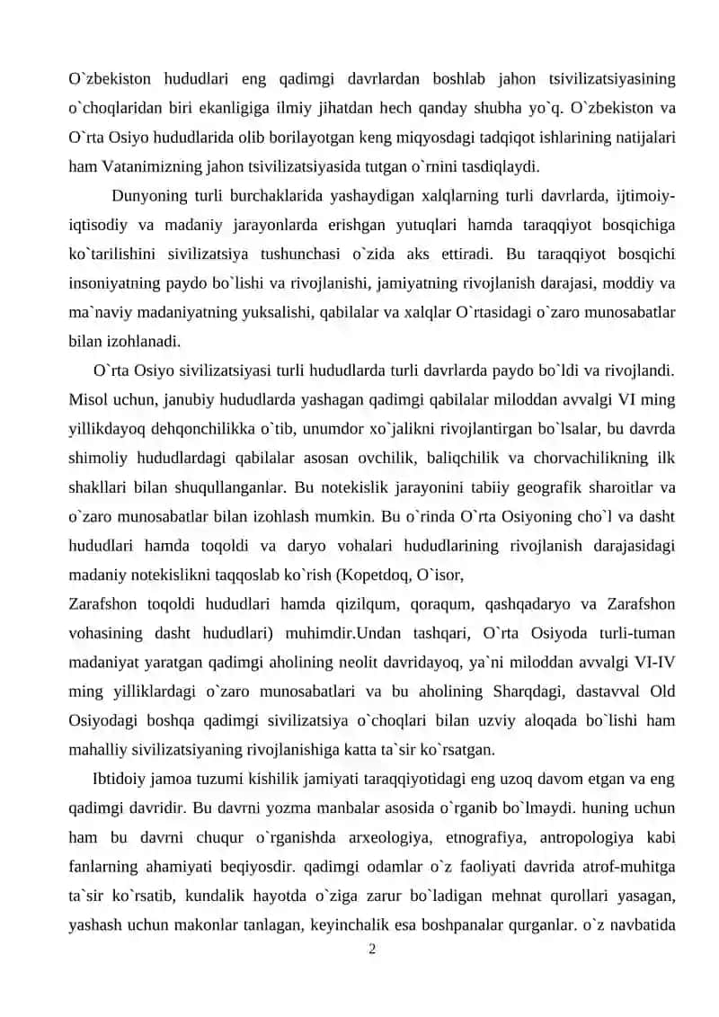 O`zbеkiston insoniyat taraqqiyotining qadimgi o`choqlaridan biri 2