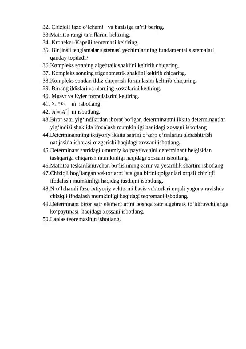"Matematika yo‘nalishi 1-kurs talabalari uchun Algebra fanidan oraliq nazorat savollari" 2