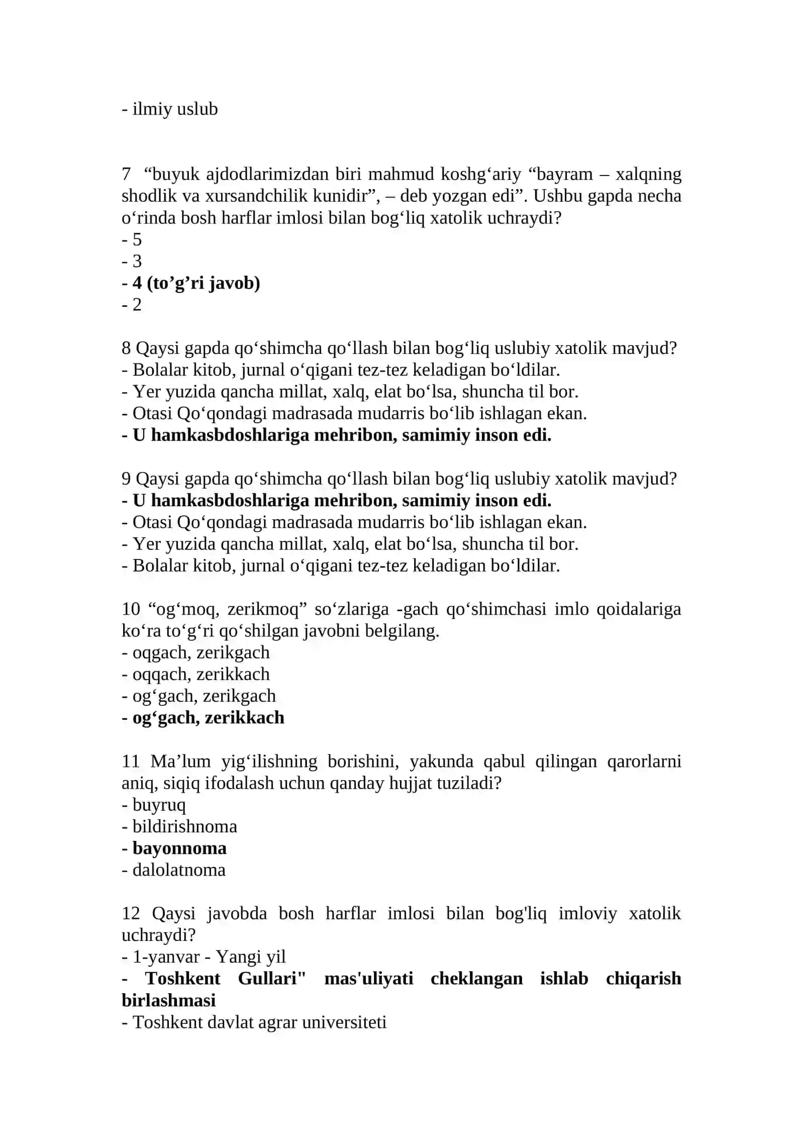 Davlat tiliga oid savol javob (test) lar 2