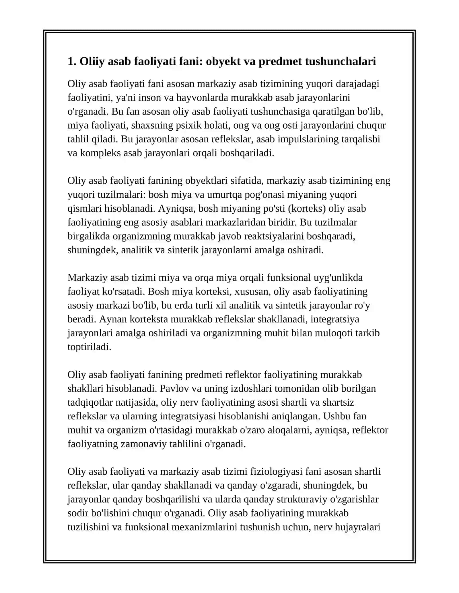 OLIY ASAB FAOLIYATI VA MARKAZIY ASAB TIZIMI FIZIOLOGIYASI FANNING OBYEKTI VA PREDMETI NIMALARDAN IBORAT 2