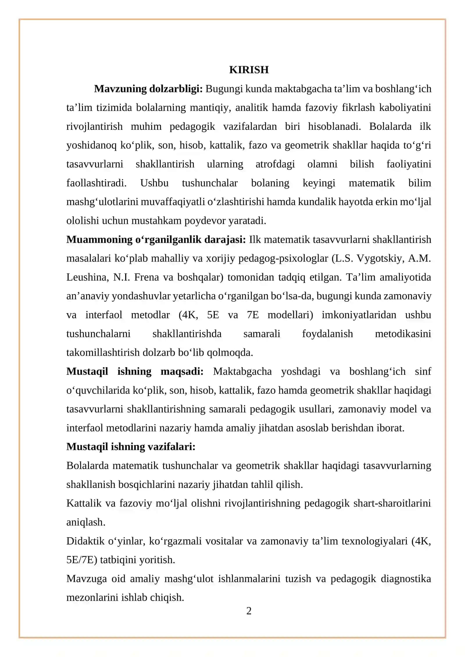 Ko`plik, son, hisob, kattalik, fazo, geometrik,shakl va shakllar haqidagi tasavvurlarni shakllantirish 2