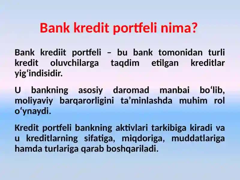 BANK KREDIT PORTFELI. BANK KREDITLARINING KLASSIFIKATSIYASI. RISKLAR VA ULARNING TURLARI. 2