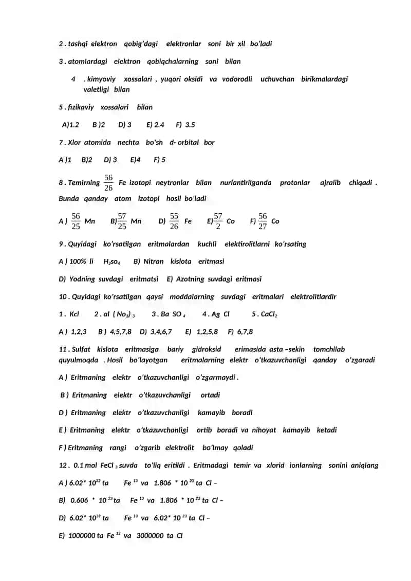 8-sinf kimyo fanidan test 2