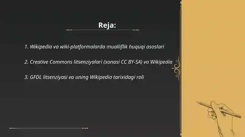 Wikipedia va Wiki-platformalarida mualliflik huquqi va litsenziyalar 2