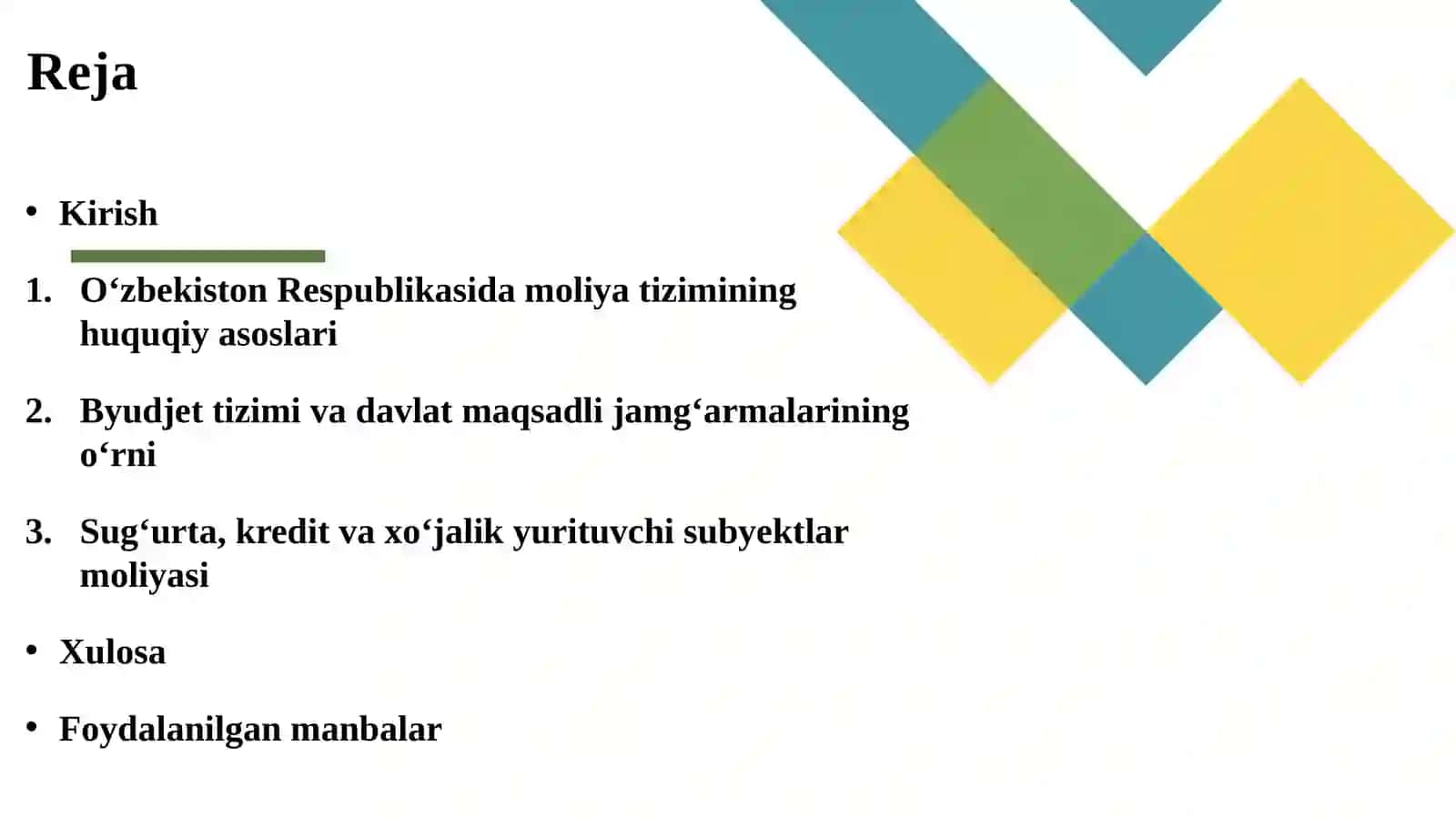 Moliya tizimi tarkibi O‘zbekiston Respublikasining byudjet tizimi, davlat maqsadli ja 2