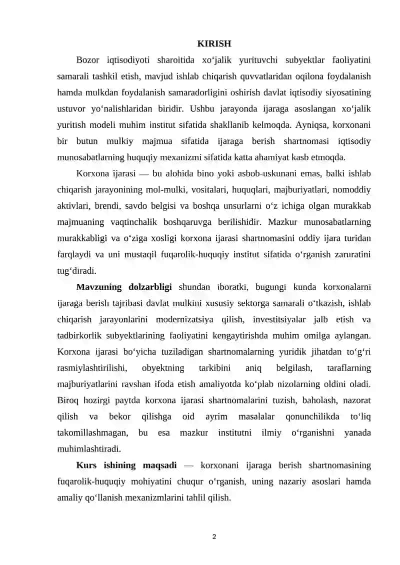 KORXONANI IJARAGA BERISH SHARTNOMASINING FUQAROLIK HUQUQIY XUSUSIYATLARI 2