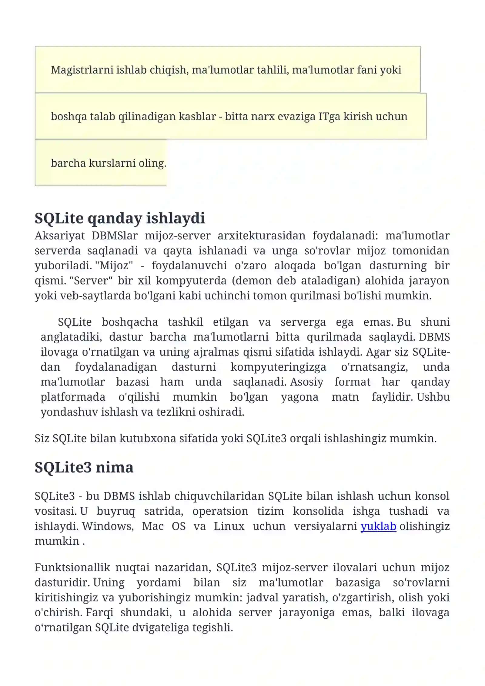 SQLite ma'lumotlar bazasi bilan ishlash printsiplari 2