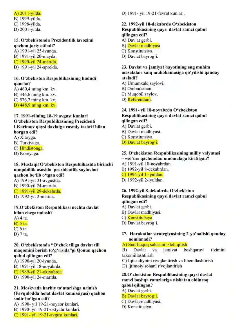 O‘ZBEKISTONNING ENG YANGI TARIXI FANIDAN YAKUNIY NAZORAT TEST SAVOLLARI (275 TA) 2