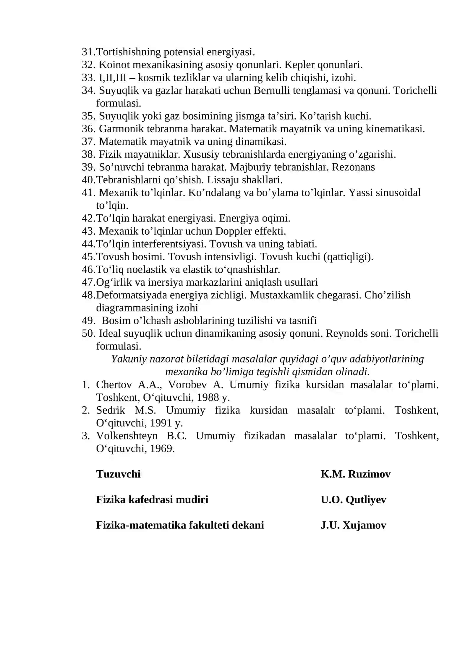Mехanika fanidan yakuniy nazorat uchun savollar 2