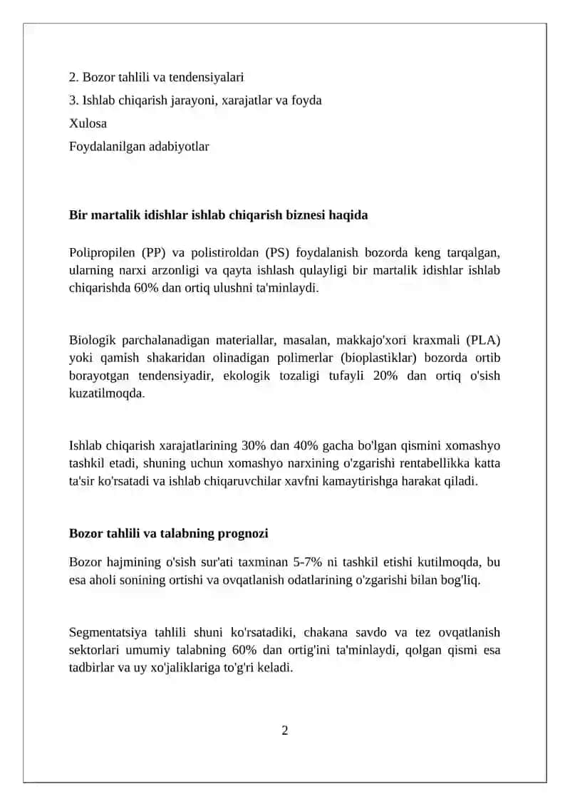 Bir martalik idishlar ishlab chiqarish biznesi 2