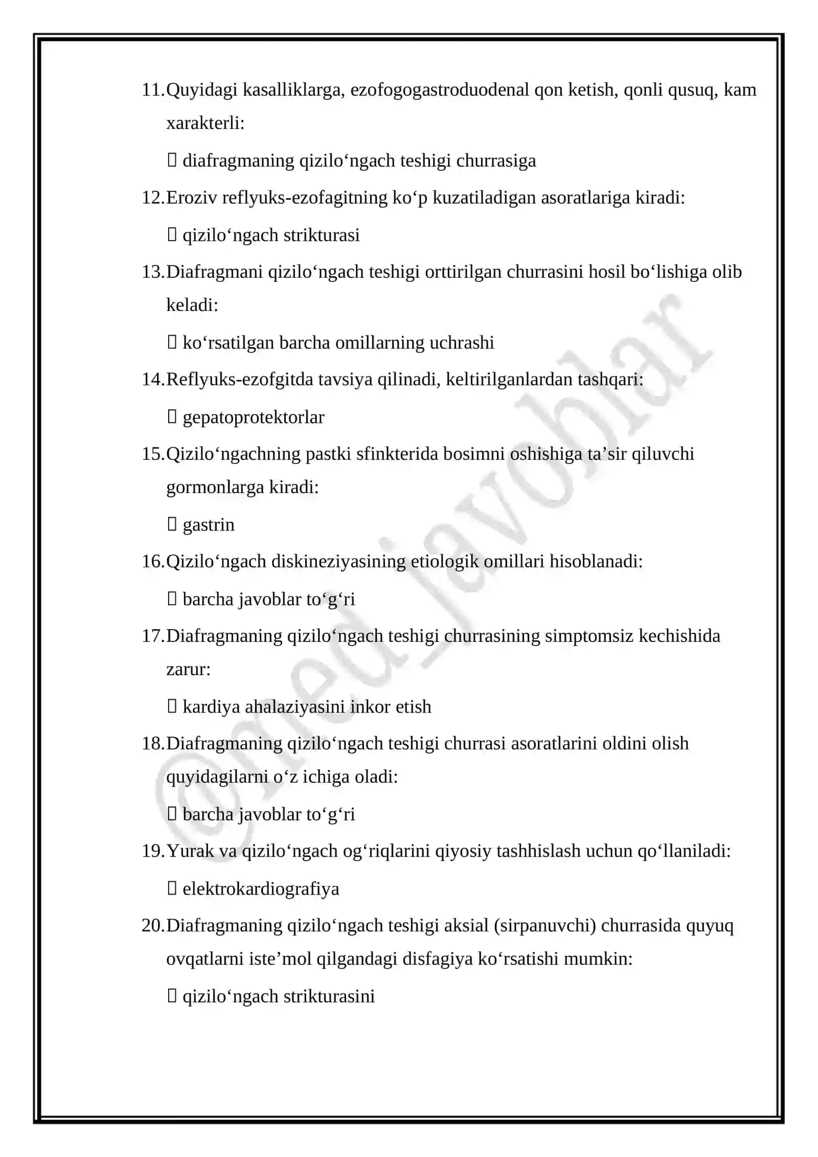 Gastroenterologiya mutaxassisligi boʻyicha shakllantirilgan test savollari roʻyxati 2
