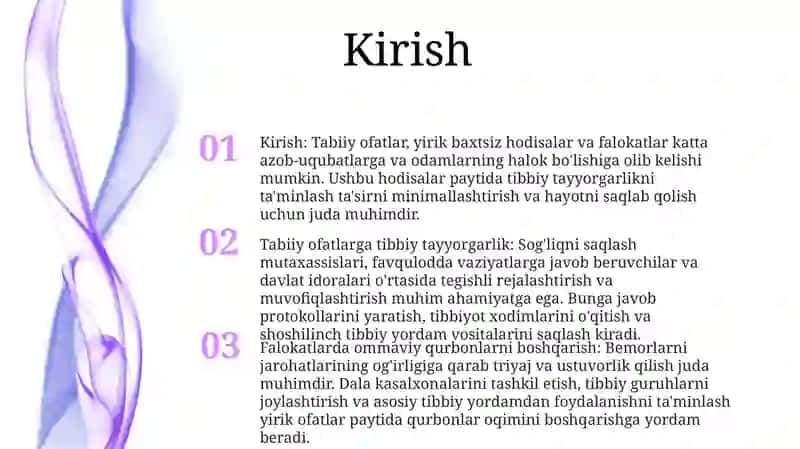 Aholining Tabiiy Ofatlar,Katta Falokatlar Va Talofatlarda Tibbiy Jihatdan TaminlanishiniTaklifEtish 2