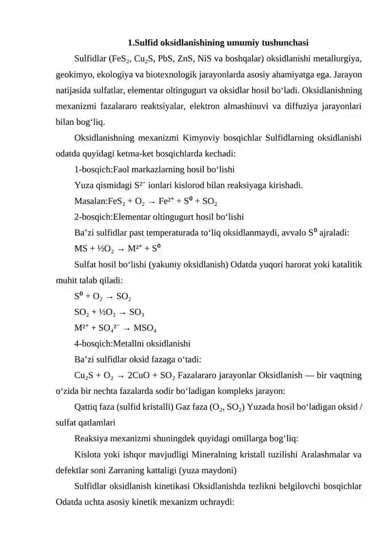 SULFID OKSIDLANISHNING MEXANIZMI VA KINETIKASI 2