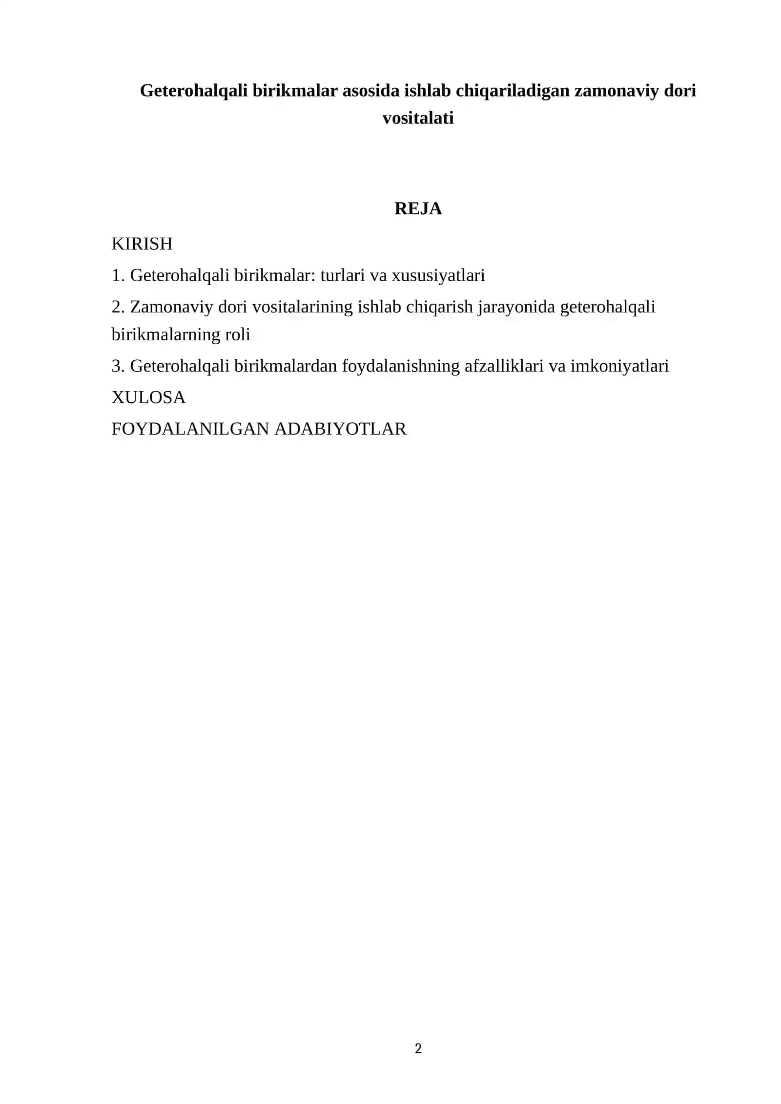 Geterohalqali birikmalar asosida ishlab chiqariladigan zamonaviy dori vositalati 2