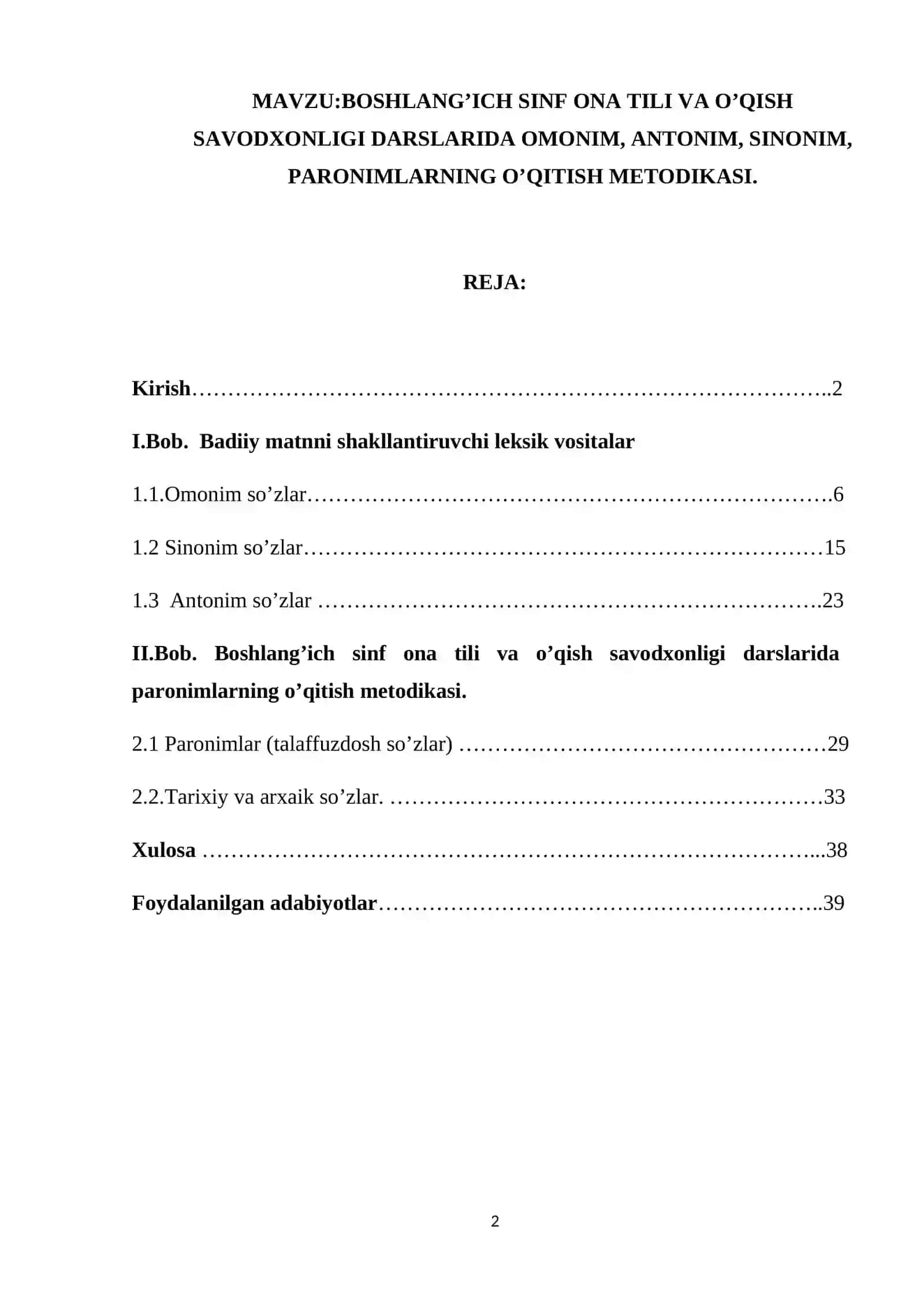 BOSHLANG’ICH SINF ONA TILI VA O’QISH SAVODXONLIGI DARSLARIDA OMONIM, ANTONIM, SINONIM, PARONIMLARNING O’QITISH METODIKASI 2