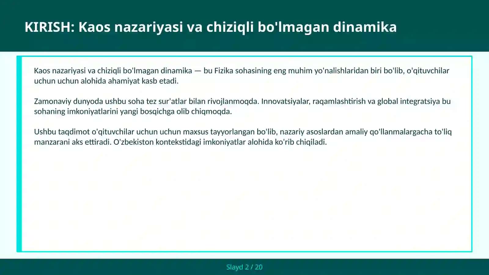 KAOS NAZARIYASI VA CHIZIQLI BO'LMAGAN DINAMIKA 2