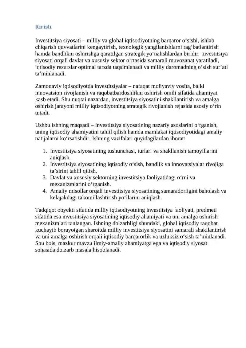 Investitsiya Siyosati va uning Iqtisodiy Ahamiyati 2