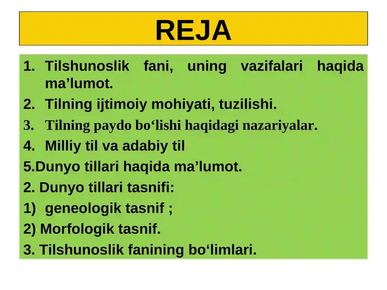 Tilshunoslik fani, uning vazifalari. Tilning ijtimoiy mohiyati, tuzilishi. Tilning paydo bo‘lishi, taraqqiyoti. Milliy til va adabiy til 2