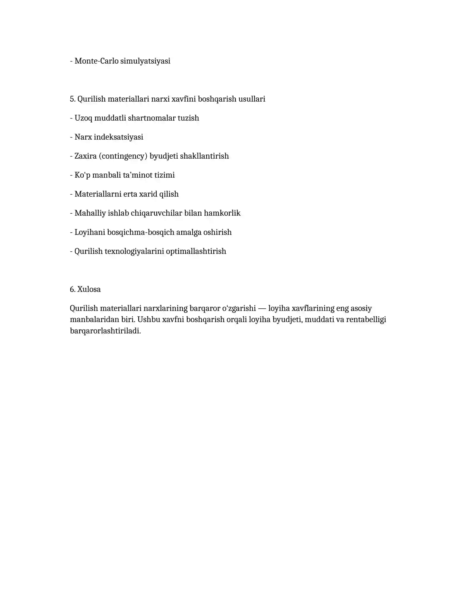 Qurilish materiallari narxlarining barqaror bo‘lmasligi xavfi va uning boshqaruv usullari 2