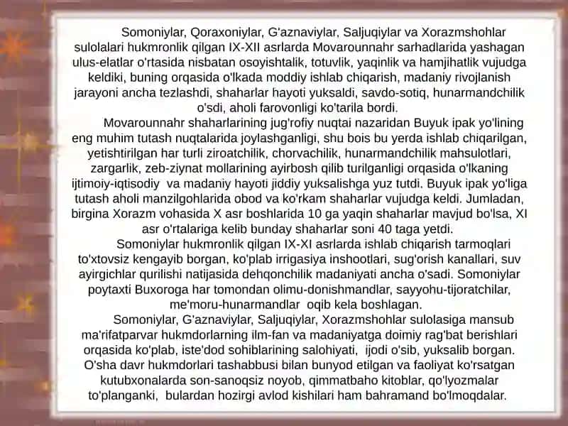 O’rta osiyo Alomolarining jaxon simezatsiyasiga qo’shgan xisasi. 2