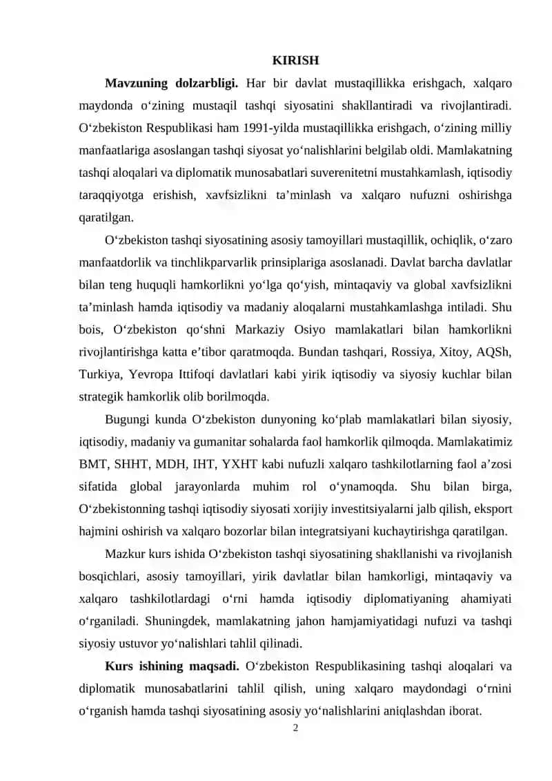 Oʻzbekiston iqtisodiyotining jahon bozoridagi oʻrni va iqtisodiy islohotlarning chuqurlashuvi 2