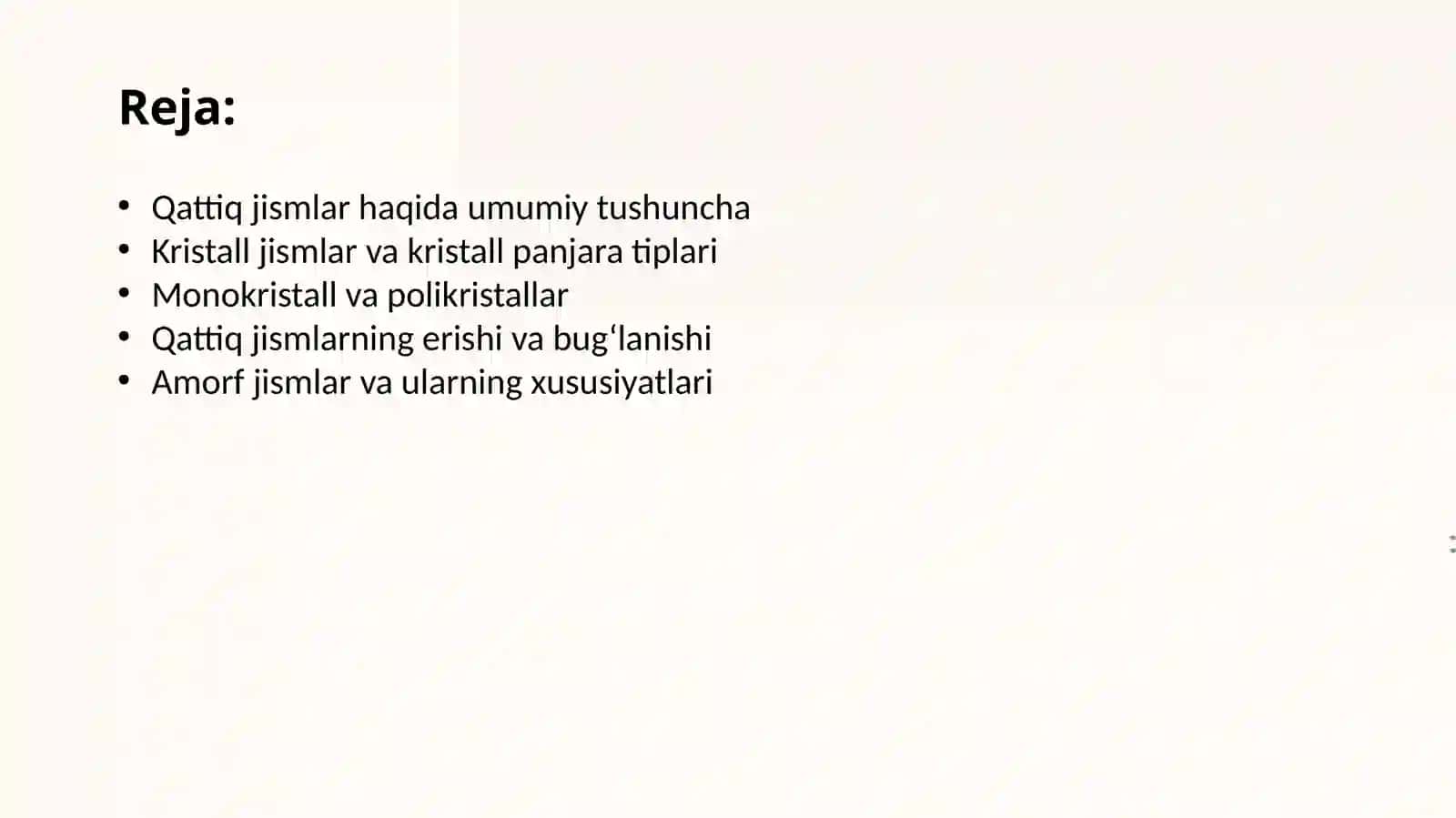 Qattiq jism turlari. Kristall jismlar. Kristall panjara tiplari. Monokristall va polikristallar. Qattiq jismlarning erishi va bugʻlanishi. Amorf jismlar - mavzusida tayyor prezentatsiya/slayd 2