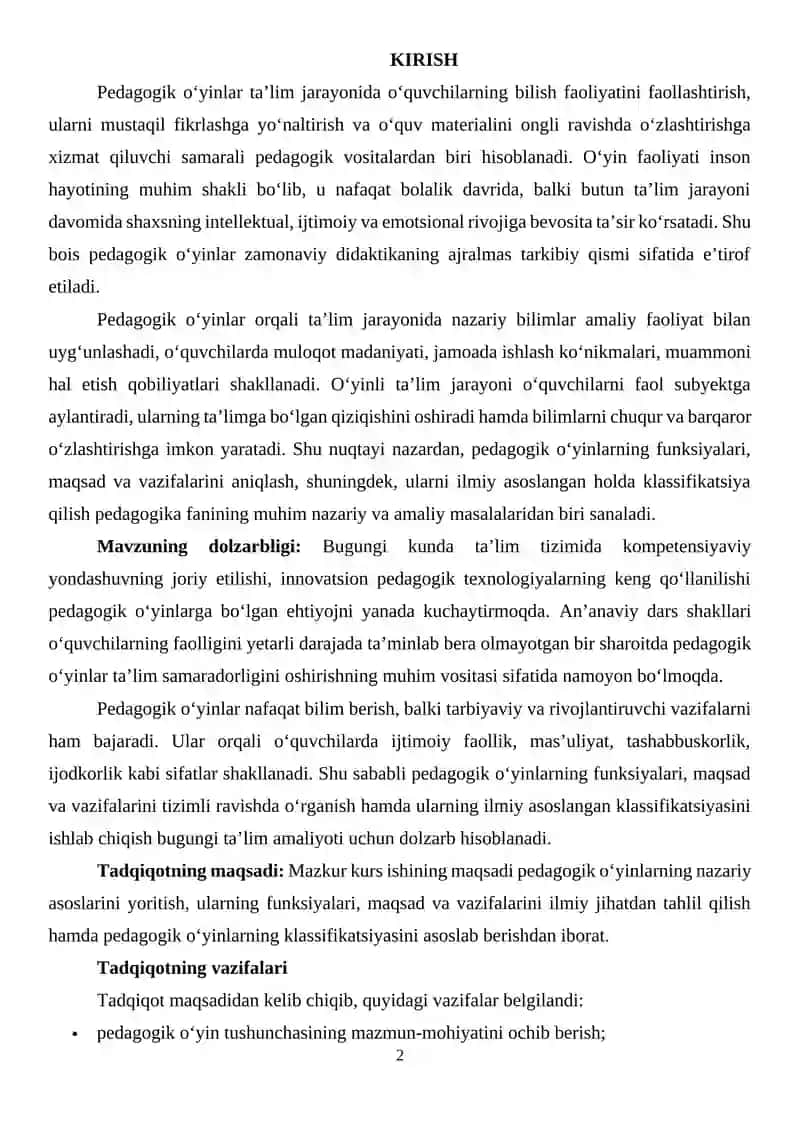 PEDAGOGIK O'YINLAR VA ULARNING FUNKSIYALARI, MAQSAD VA VAZIFALARI KLASSIFIKIKATSIYASI 2