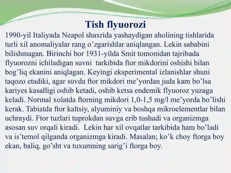 Tish chiqqunga qadar (tish  kurtagi rivojlanish gistogenezida) tish qattiq to’qimalarida paydo bo’ladigan nokariyes kasalliklar. Flyuoroz. Klinikasi, tashxislash va qiyosiy tashxislash.Kariyeslarni davolash. 2