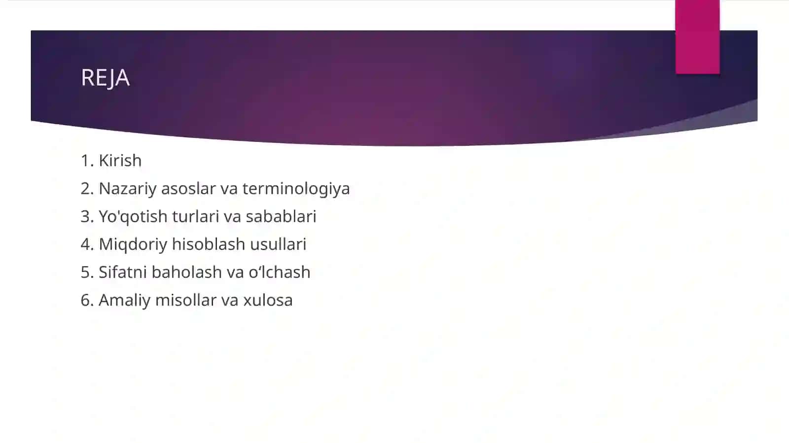 Foydali qazilmalarning miqdor va sifat jihatidan yo'qotilishlarini aniqlash va hisoblash 2