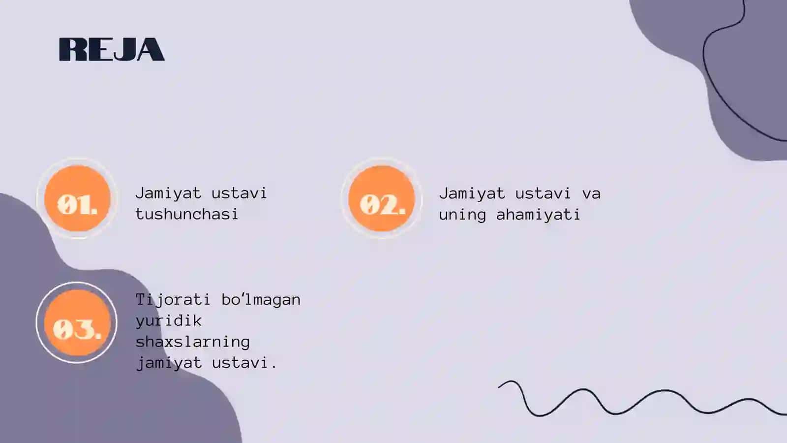 Jamiyat ustavi tushunchasi. Tijorati bo'lmagan yuridik shaxslarning jamiyat ustavi. 2