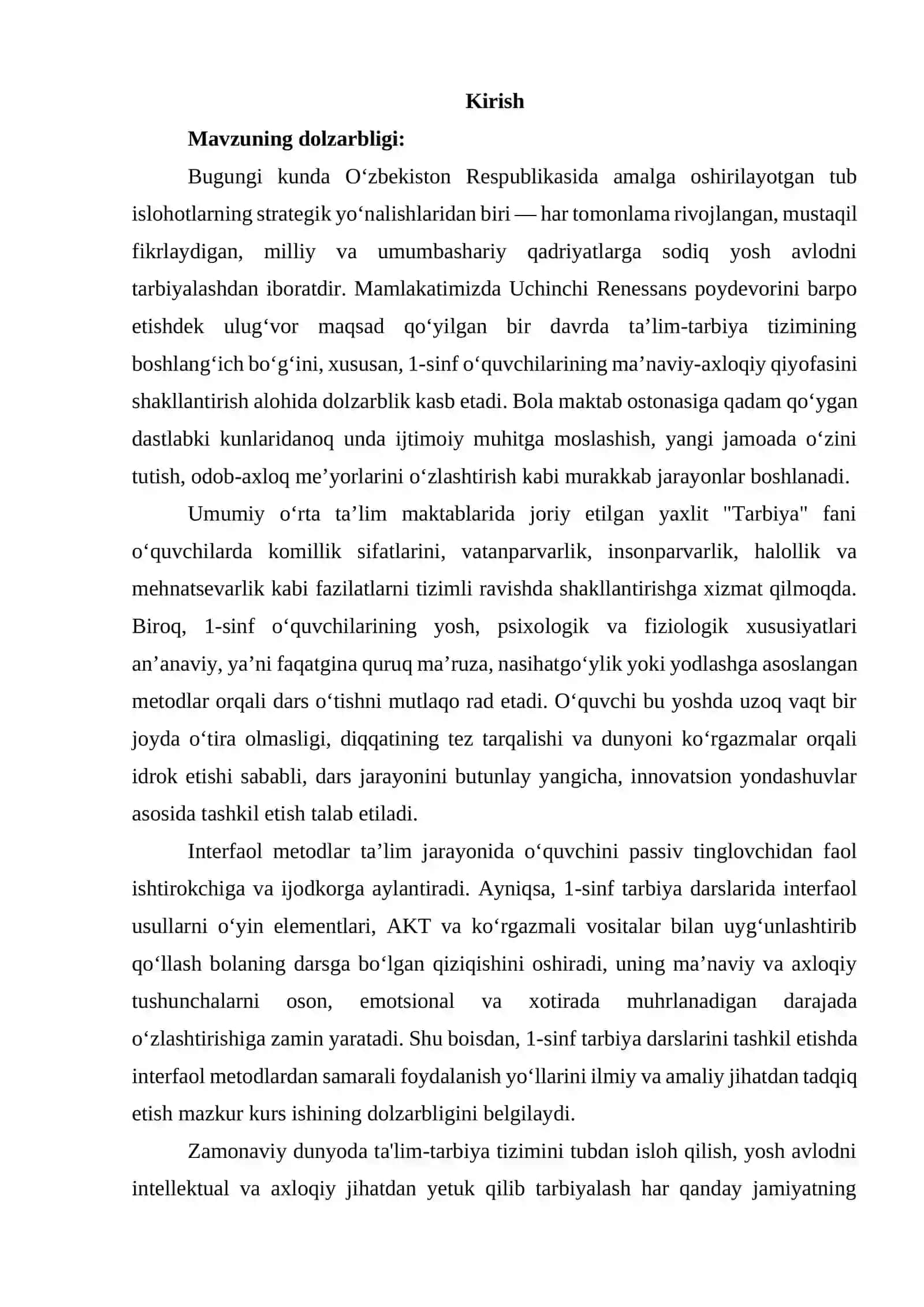 1-sinf tarbiya darslarini tashkil etishda interfaol metodlardan foydalanish. 2