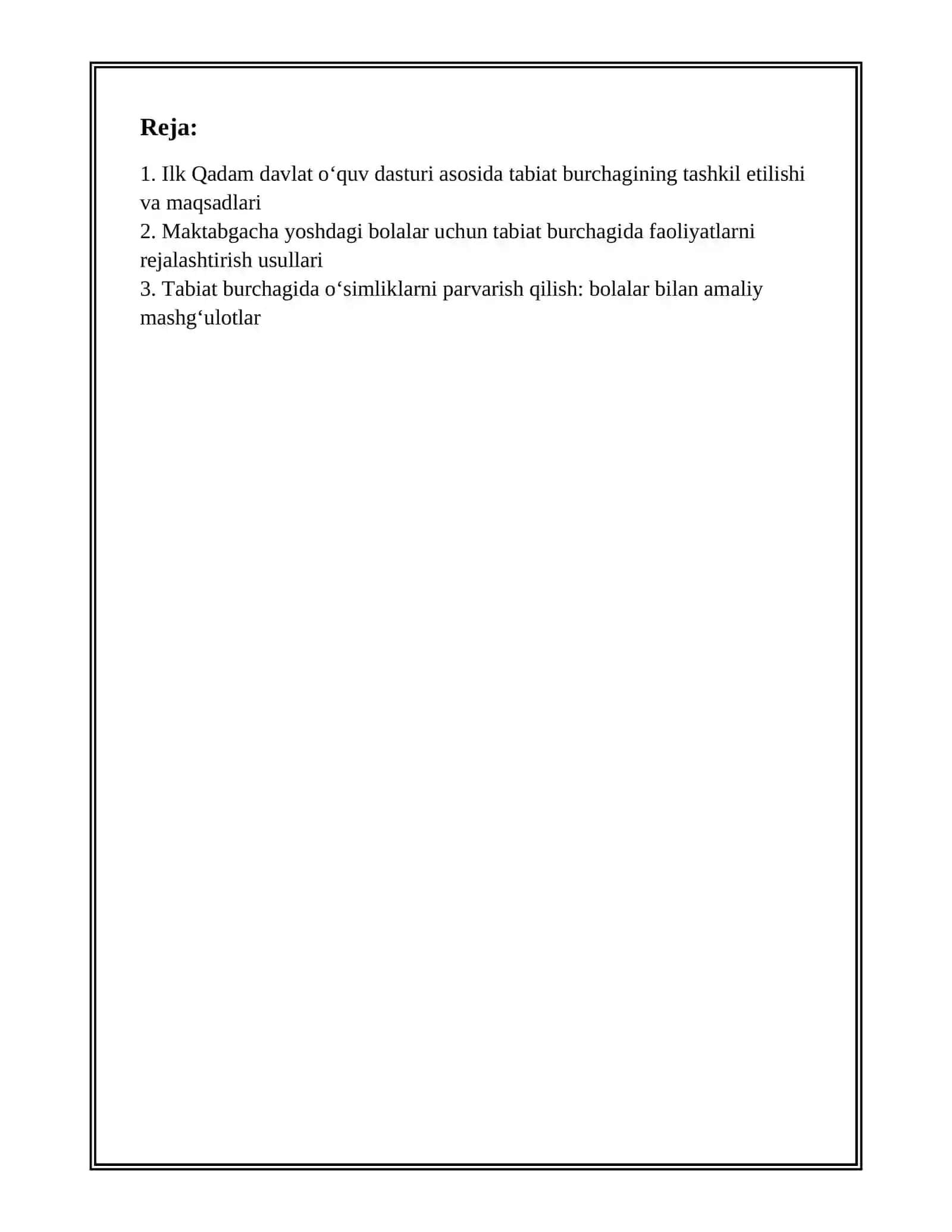 ILK QADAM DAVLAT O‘QUV DASTURI ASOSIDA FAOLIYAT MARKAZLARIDA MAKTABGACHA YOSHDAGI BOLALARNI EKOLOGIK TARBIYASINI TASHKIL QILISH 2